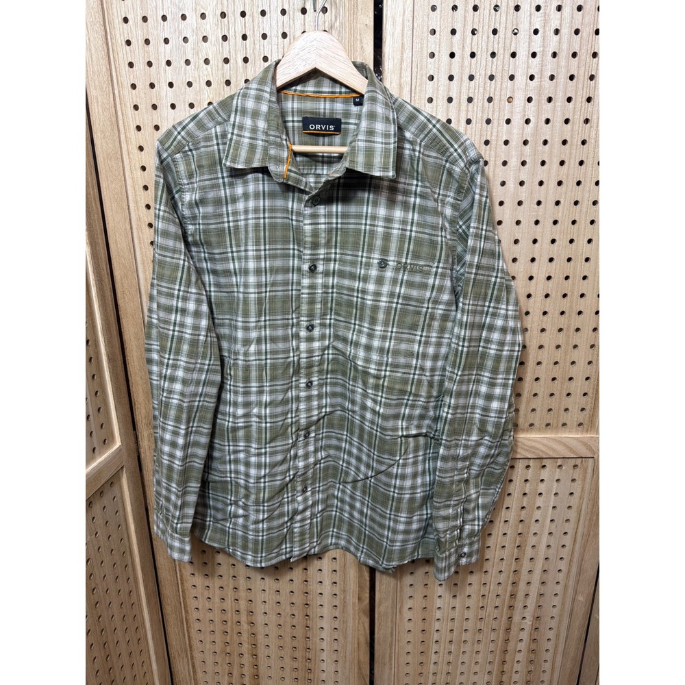 Orvis Mens Medium Olive Green White Plaid Long Sleeve Button Down Shirt Outdoor